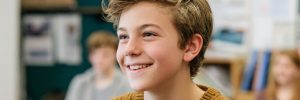 happy middle school boy in drama class